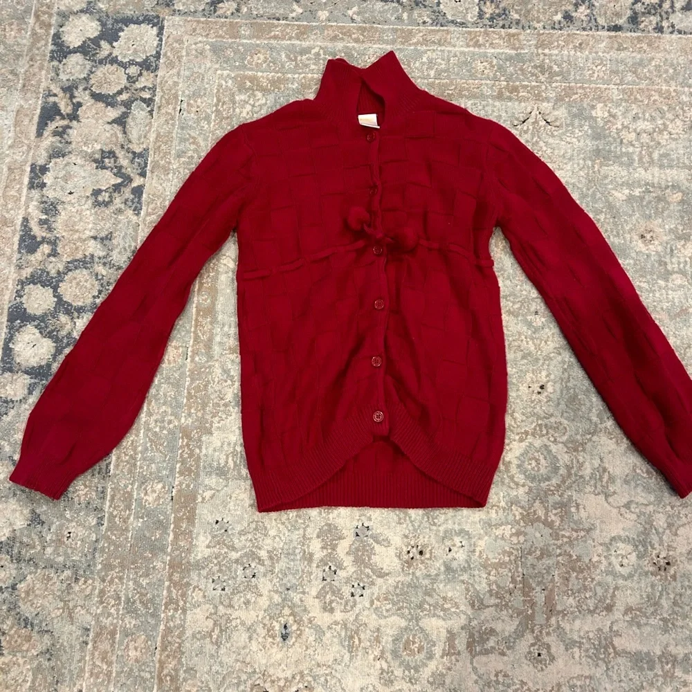 Gymboree sweater girls size large 10-12 red with pom poms buttoned checkered red